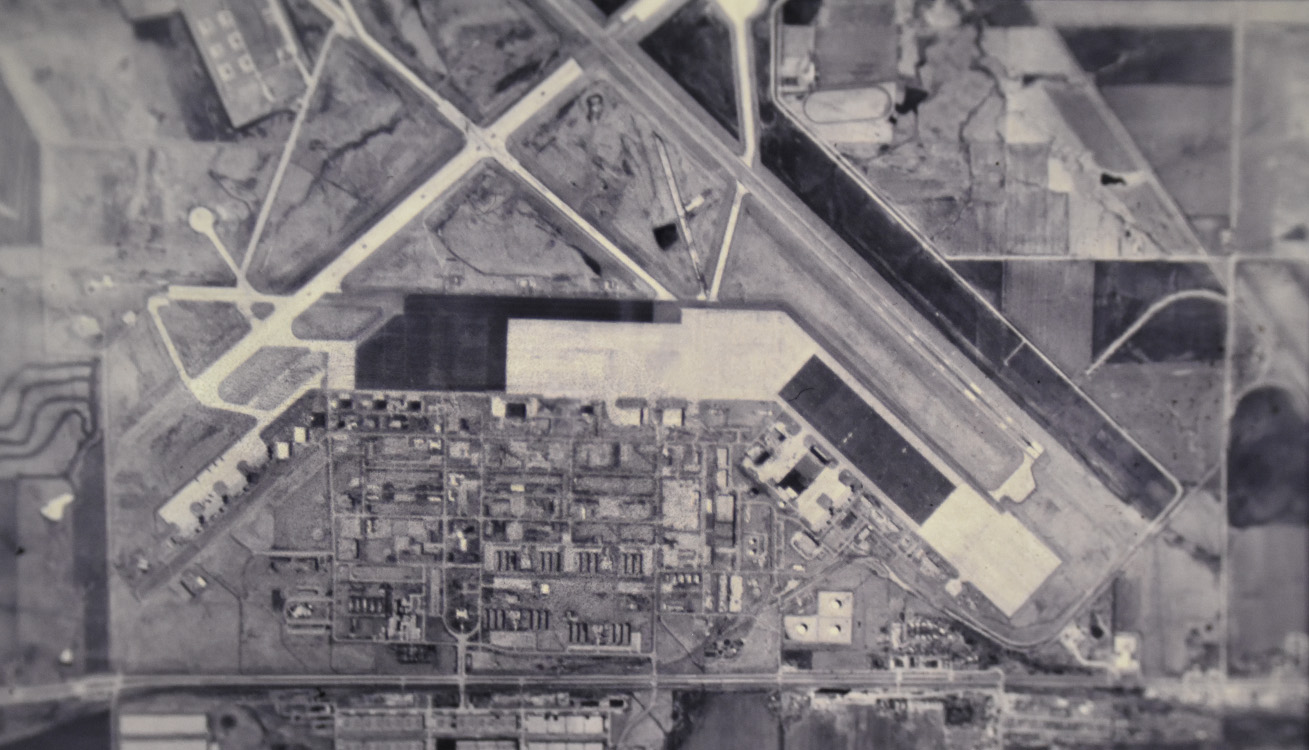 black and white historical birds eye photo of forbes field
